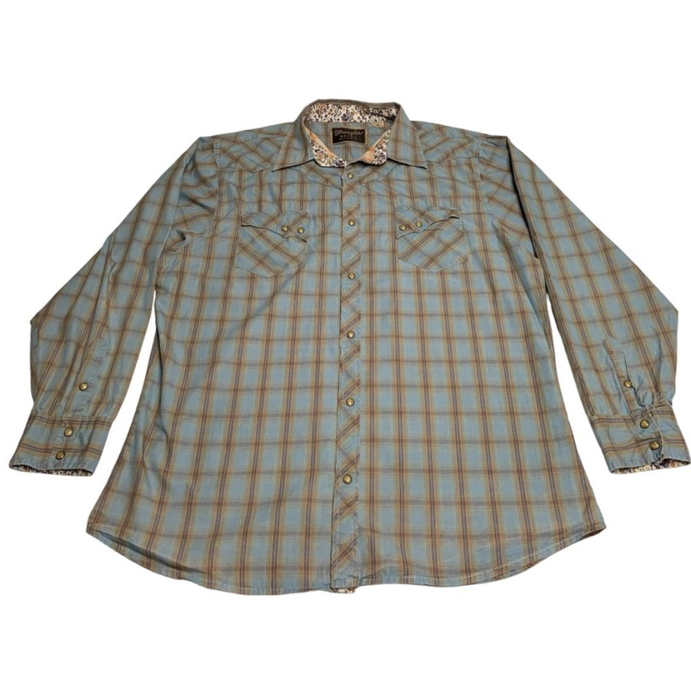 Wrangler Retro Blue Orange Plaid Button Down Pearl Snap XXL
